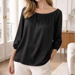 St. John Black Off The Shoulder Gathered Satin Blouse Top Size‎ Small